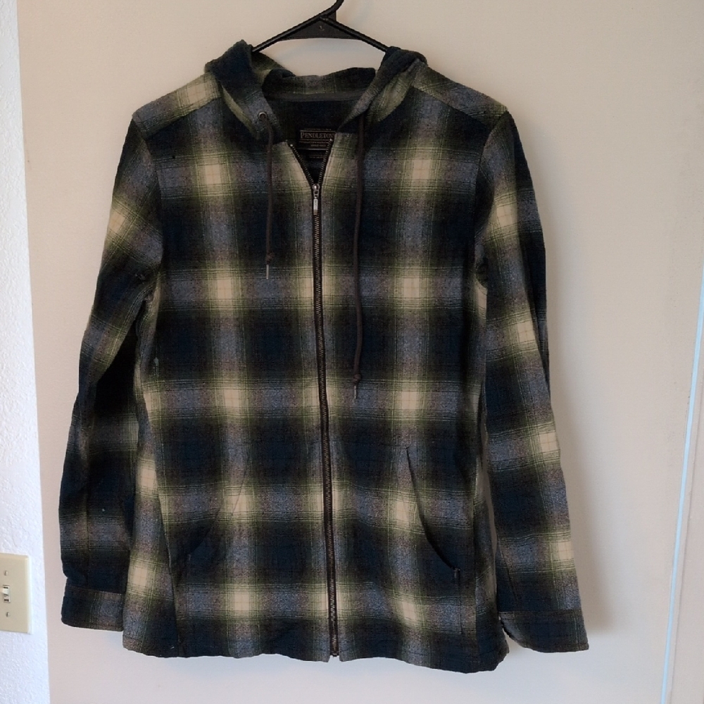 Pendleton Wool Blue, Green and Cream Plaid Hooded Zip Jacket